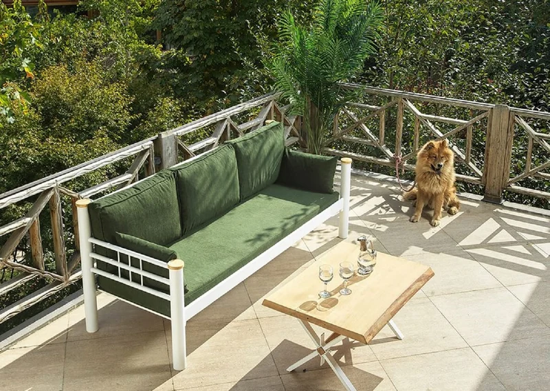 Casa Padrino Jugendstil Gartensofa Grün / Weiß / Naturfarben 200 x 70 x H. 85 cm - Metall Garten Sofa mit Kissen - Terrassen Sofa - Garten Möbel - Terrassen Möbel - Jugendstil Möbel