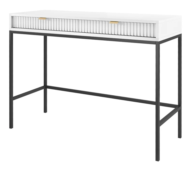 Schminktisch Vellore 104 cm weiß mit gerillten Fronten und goldenen Griffen