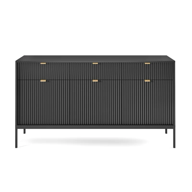 Drehtür-Kommode Vellore 154 cm schwarz mit geriffelten Fronten und goldenen Griffen