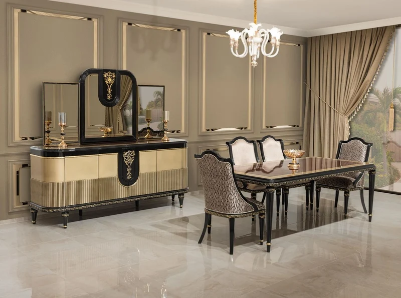 Casa Padrino Luxus Barock Esszimmerstuhl 6er Set Gold / Schwarz / Gold - Barockstil Küchenstühle mit Muster - Luxus Esszimmer Möbel im Barockstil - Barock Esszimmer Möbel - Barock Einrichtung