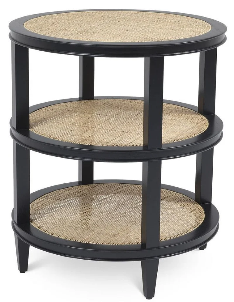 Casa Padrino Luxus Beistelltisch Schwarz / Naturfarben Ø 55 x H. 64 cm - Runder Massivholz Tisch mit Rattangeflecht - Wohnzimmer Möbel - Luxus Kollektion