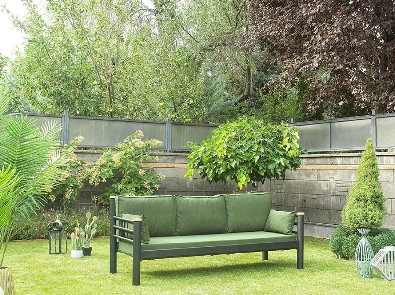 Casa Padrino Jugendstil Gartensofa Grün / Grau / Naturfarben 200 x 70 x H. 85 cm - Metall Garten Sofa mit Kissen - Terrassen Sofa - Garten Möbel - Terrassen Möbel - Jugendstil Möbel