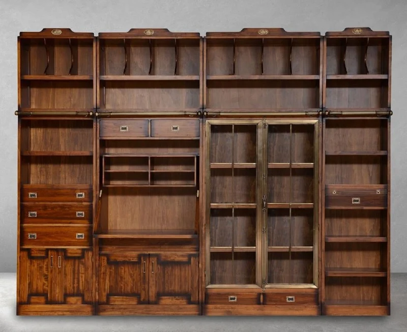 Casa Padrino Luxus Vintage Stil Bücherschrank mit Leiter Braun 331 x 34 x H. 256 cm - Massivholz Schrank - Regalschrank - Wohnzimmerschrank - Büroschrank - Luxus Massivholz Möbel - Büro Möbel