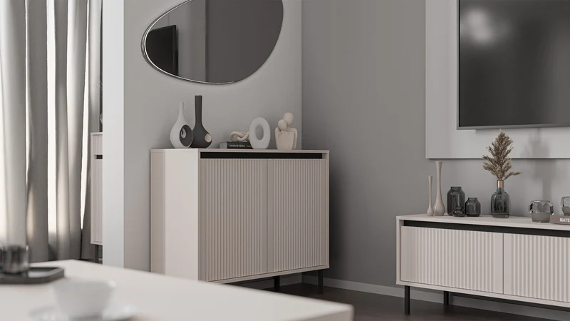 Zweiturige Kommode Osaka mit gerillten Fronten, 100 cm, sandbeige auf schwarzen Beinen