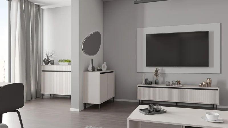 TV-Schrank Osaka mit drei Schubladen und geriffelten Fronten, 179 cm, sandbeige auf schwarzen Füßen