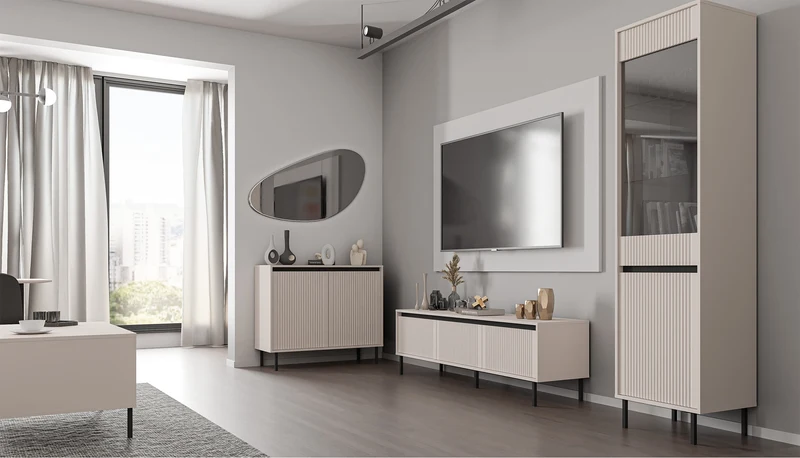 TV-Schrank Osaka mit drei Schubladen und geriffelten Fronten, 179 cm, sandbeige auf schwarzen Füßen