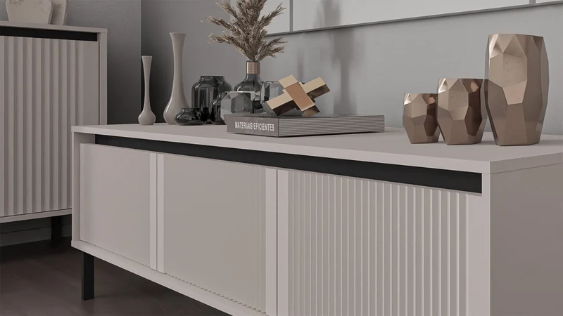 TV-Schrank Osaka mit drei Schubladen und geriffelten Fronten, 179 cm, sandbeige auf schwarzen Füßen