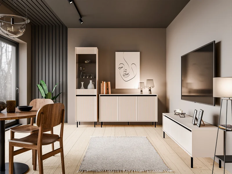 Zweiflügeliger Schrank Osaka mit geriffelter Front, 56 cm, sandbeige auf schwarzen Beinen