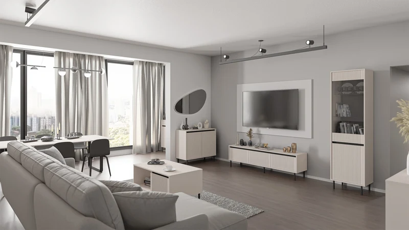 Zweiflügeliger Schrank Osaka mit geriffelter Front, 56 cm, sandbeige auf schwarzen Beinen