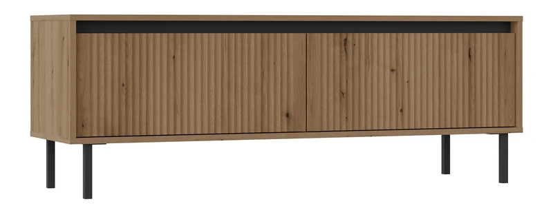 TV-Schrank Osaka mit zwei Schubladen und gerillten Fronten, 140 cm, Eiche Evoke auf schwarzen Beinen