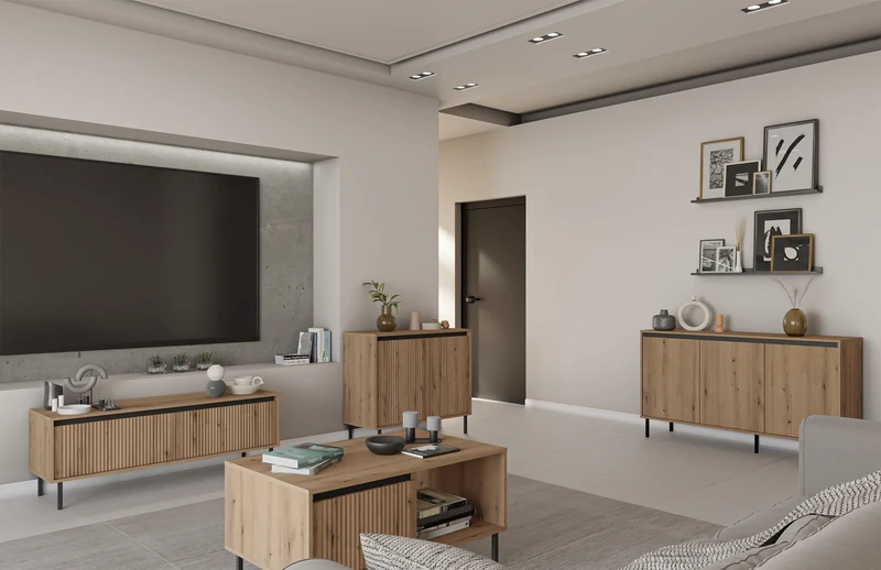 TV-Schrank Osaka mit zwei Schubladen und gerillten Fronten, 140 cm, Eiche Evoke auf schwarzen Beinen