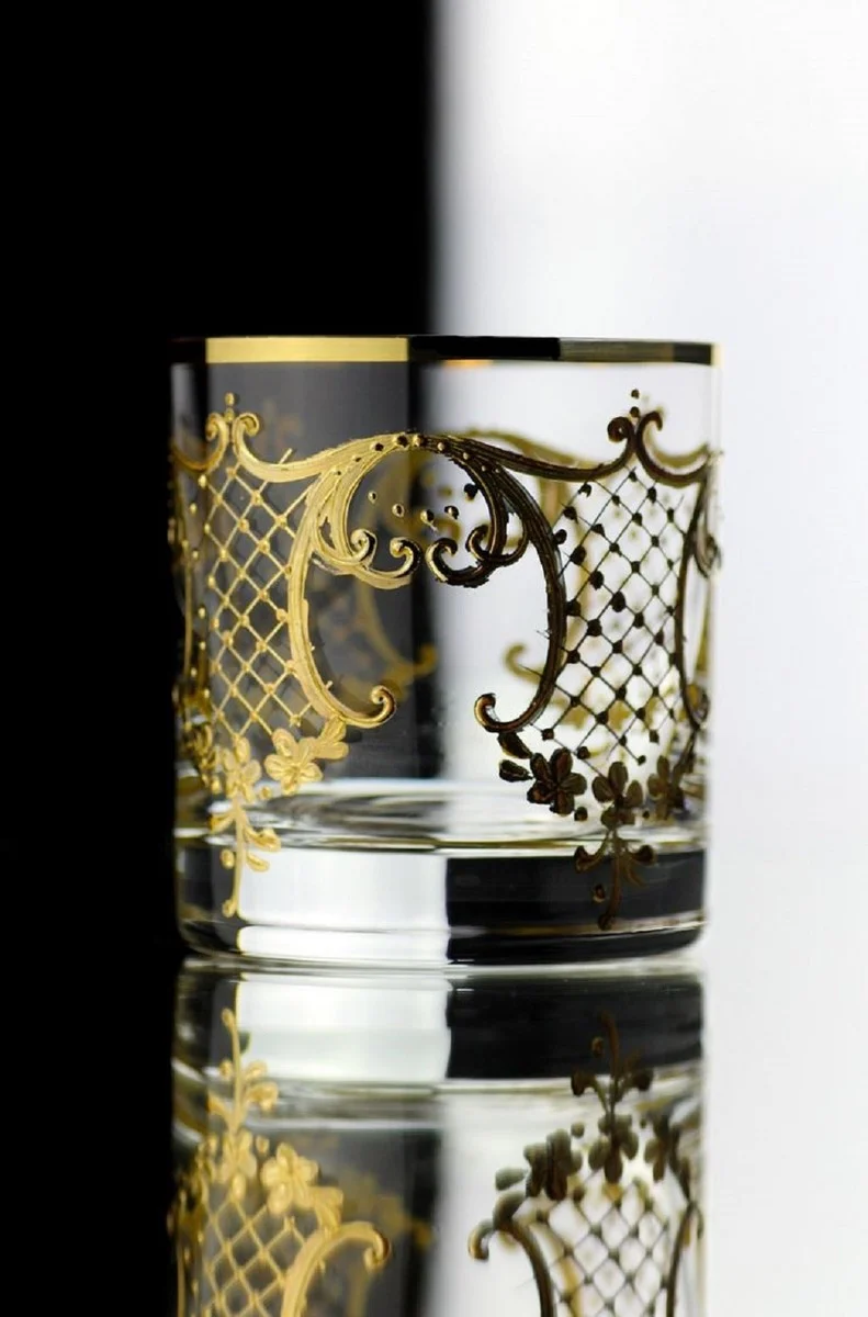 Casa Padrino Luxus Barock Whisky Glas 6er Set Gold Ø 8 x H. 9 cm - Handgefertigte und handbemalte Whiskygläser - Hotel & Restaurant Accessoires - Luxus Qualität