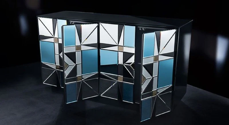 Casa Padrino Luxus Sideboard Schwarz / Blau 140 x 45 x H. 80 cm - Massivholz Schrank mit 4 verspiegelten Türen - Luxus Möbel