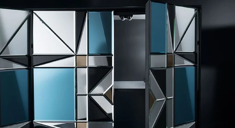 Casa Padrino Luxus Sideboard Schwarz / Blau 140 x 45 x H. 80 cm - Massivholz Schrank mit 4 verspiegelten Türen - Luxus Möbel