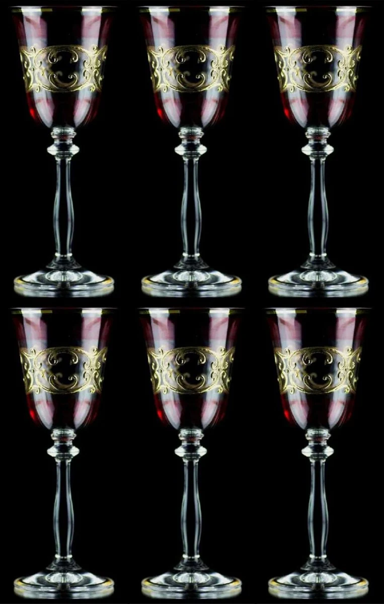 Casa Padrino Luxus Barock Likörglas 6er Set Bordeauxrot / Gold Ø 5,5 x H. 17 cm - Handgefertigte und handbemalte Likörgläser - Hotel & Restaurant Accessoires - Luxus Qualität