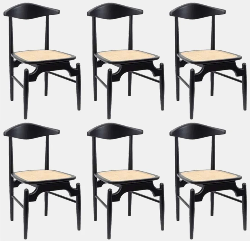 Casa Padrino Luxus Esszimmerstuhl 6er Set Schwarz / Naturfarben 53 x 54 x H. 85 cm - Luxus Massivholz Küchen Stühle mit Rattan Sitzfläche - Esszimmer Möbel - Küchen Möbel - Luxus Möbel