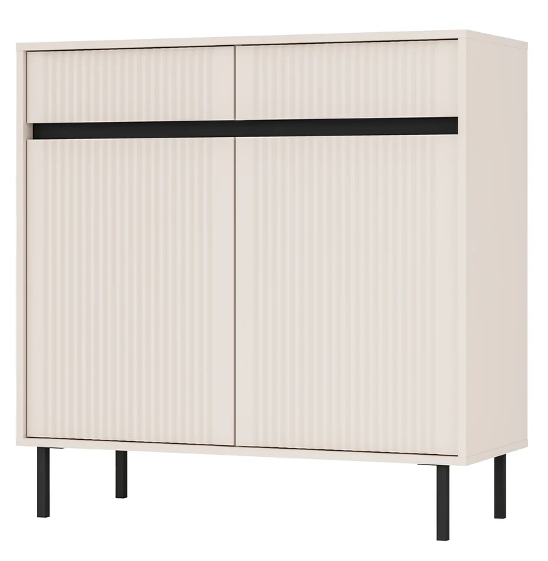 Zweiturige Kommode Osaka mit zwei Schubladen und geriffelten Fronten, 100 cm, sandbeige auf schwarzen Beinen
