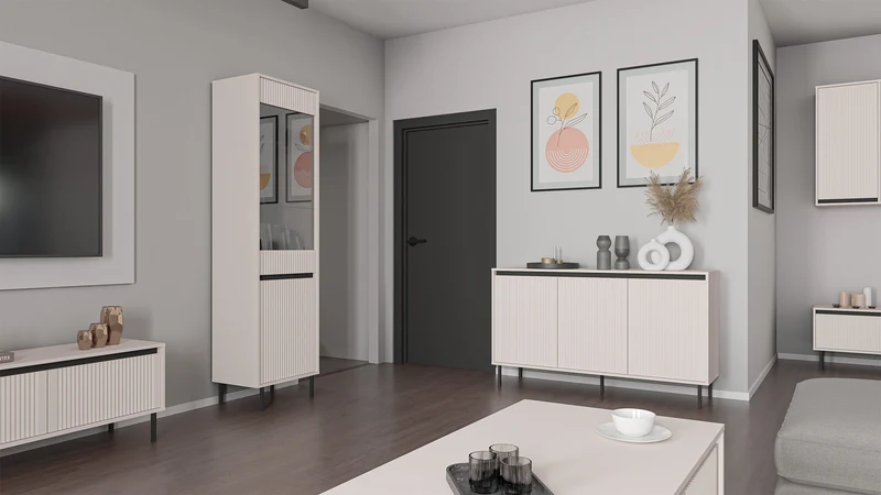 Drehtür-Kommode Osaka mit gerillten Fronten, 149 cm, sandbeige auf schwarzen Beinen