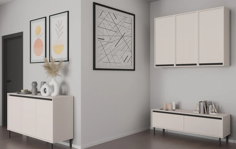 Drehtür-Kommode Osaka mit gerillten Fronten, 149 cm, sandbeige auf schwarzen Beinen