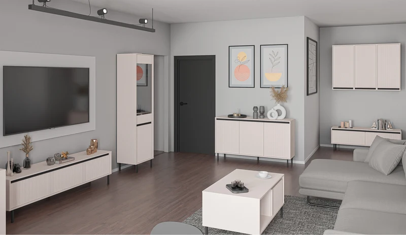 Drehtür-Kommode Osaka mit gerillten Fronten, 149 cm, sandbeige auf schwarzen Beinen