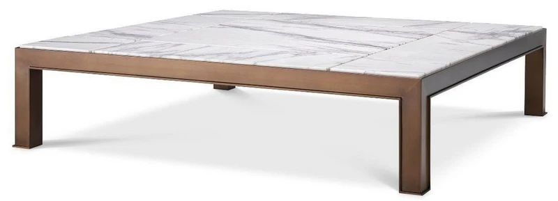 Casa Padrino Luxus Couchtisch Antik Messingfarben / Weiß / Lila 119 x 119 x H. 29 cm - Moderner Edelstahl Wohnzimmertisch mit Marmorplatten - Wohnzimmer Möbel