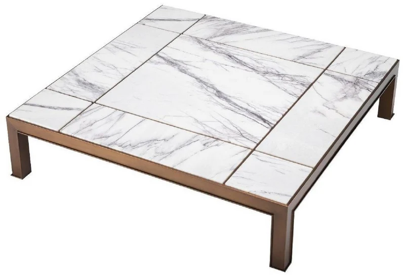 Casa Padrino Luxus Couchtisch Antik Messingfarben / Weiß / Lila 119 x 119 x H. 29 cm - Moderner Edelstahl Wohnzimmertisch mit Marmorplatten - Wohnzimmer Möbel