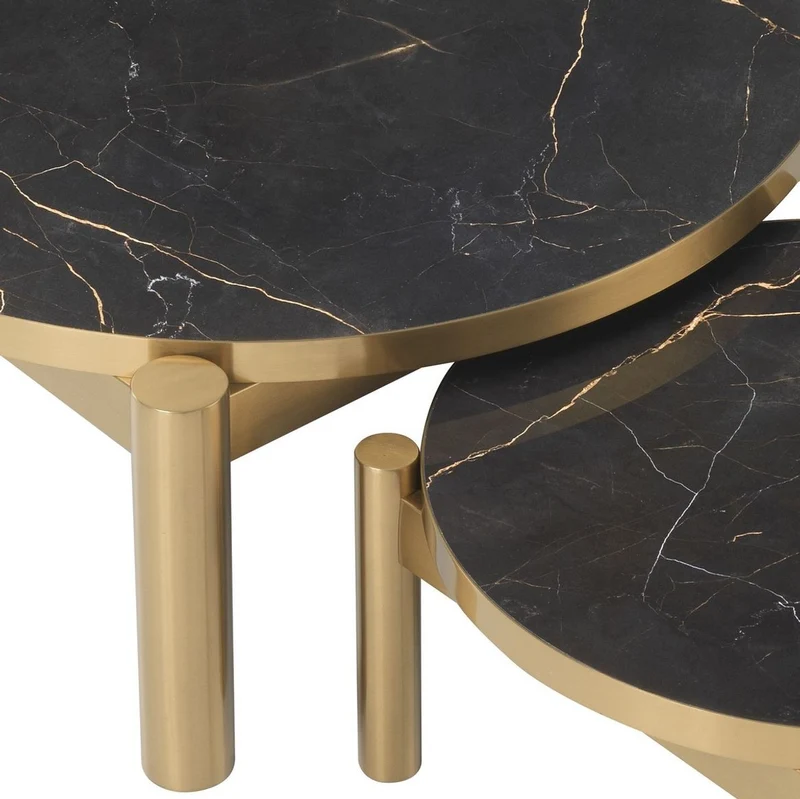 Casa Padrino Luxus Couchtisch Set Messingfarben / Schwarz - Edelstahl Wohnzimmertische mit Keramikplatten - Luxus Wohnzimmer Möbel