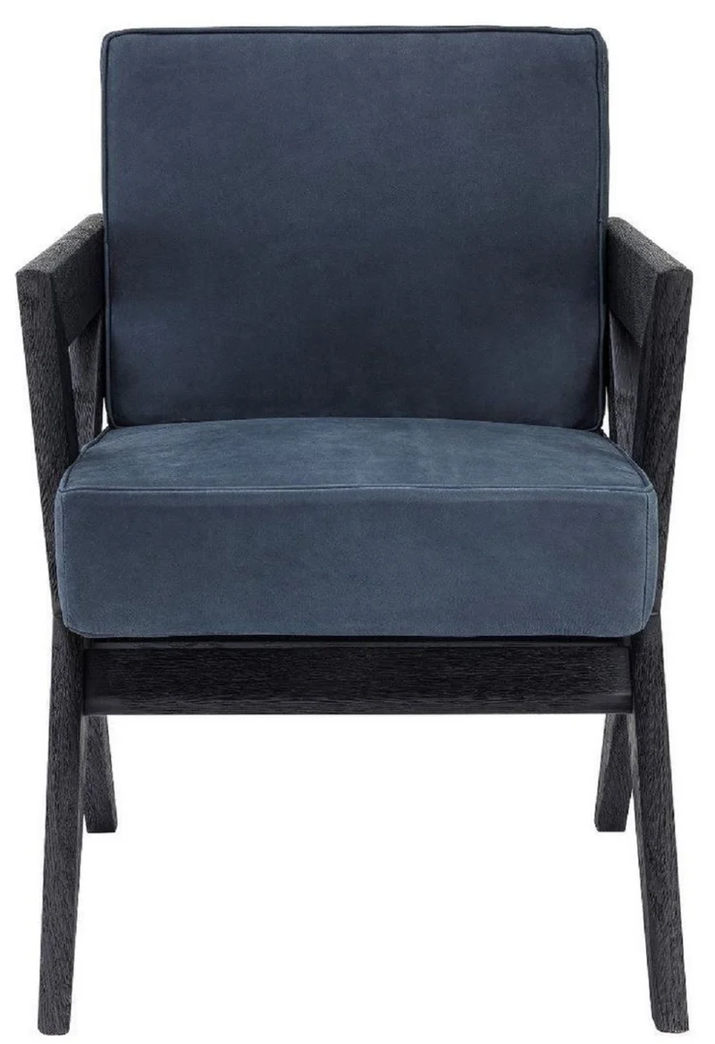 Casa Padrino Luxus Echtleder Esszimmerstuhl mit Armlehnen Blau / Schwarz 59 x 74 x H. 88 cm - Küchenstuhl mit edlem Nubuk Büffelleder - Luxus Esszimmer Möbel