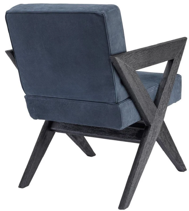 Casa Padrino Luxus Echtleder Esszimmerstuhl mit Armlehnen Blau / Schwarz 59 x 74 x H. 88 cm - Küchenstuhl mit edlem Nubuk Büffelleder - Luxus Esszimmer Möbel