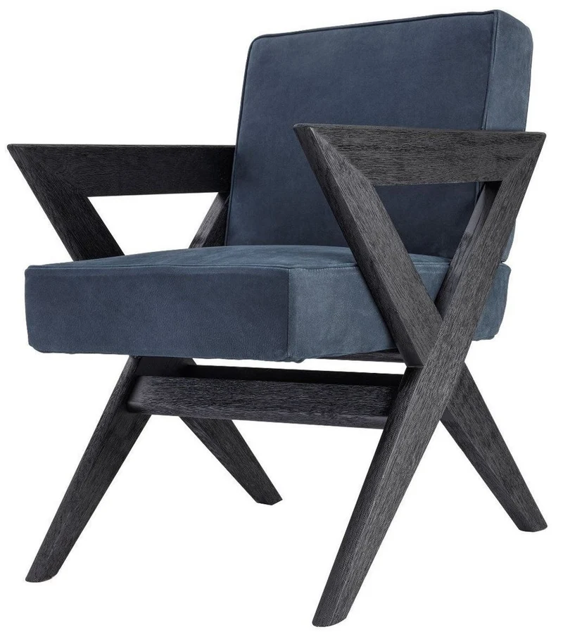 Casa Padrino Luxus Echtleder Esszimmerstuhl mit Armlehnen Blau / Schwarz 59 x 74 x H. 88 cm - Küchenstuhl mit edlem Nubuk Büffelleder - Luxus Esszimmer Möbel