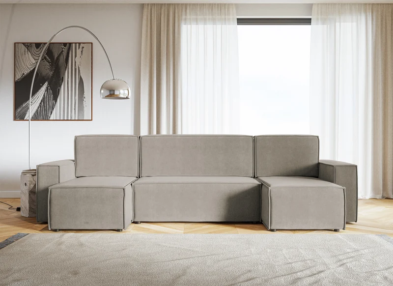 Ecksofa mit Schlaffunktion Copertino U-förmig mit Stauraum, universell, grau-beiger hydrophober Samtstoff