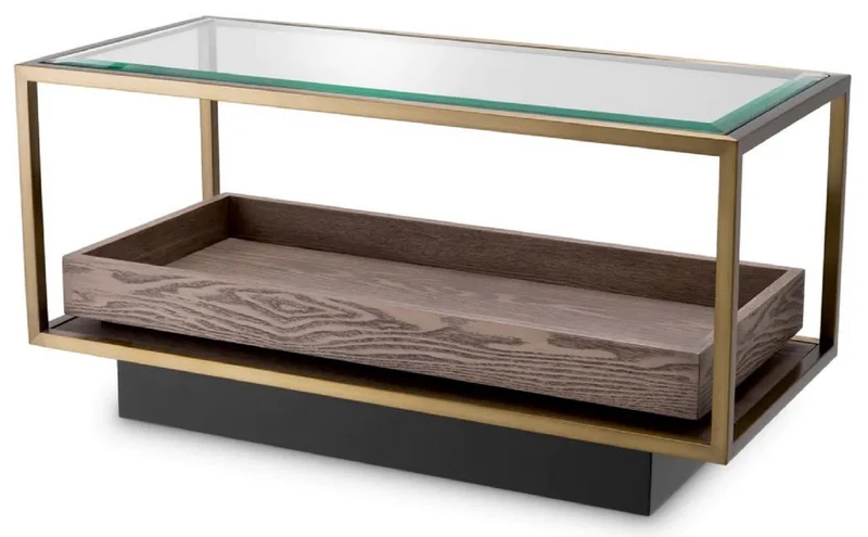 Casa Padrino Luxus Beistelltisch Messing / Grau / Schwarz 90 x 42 x H. 44 cm - Rechteckiger Wohnzimmer Tisch mit Glasplatte - Hotel Tisch - Wohnzimmer Möbel - Hotel Möbel - Luxus Möbel