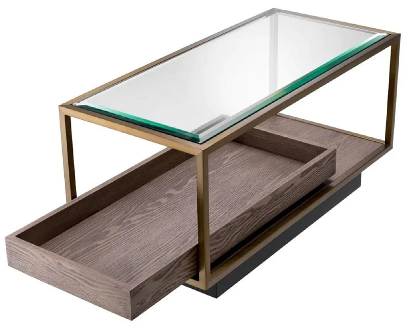 Casa Padrino Luxus Beistelltisch Messing / Grau / Schwarz 90 x 42 x H. 44 cm - Rechteckiger Wohnzimmer Tisch mit Glasplatte - Hotel Tisch - Wohnzimmer Möbel - Hotel Möbel - Luxus Möbel