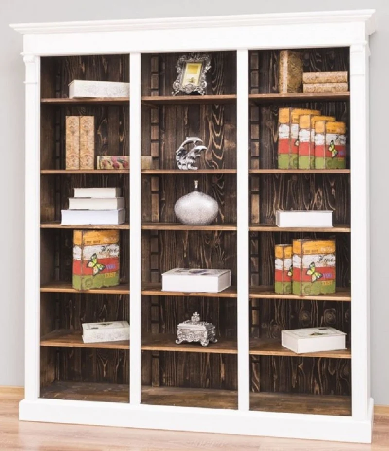 Casa Padrino Landhausstil Regalschrank Weiß / Dunkelbraun 180 x 39 x H. 197 cm - Massivholz Schrank - Bücherschrank - Wohnzimmerschrank - Büroschrank - Landhausstil Möbel