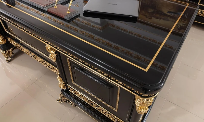Casa Padrino Luxus Barock Schreibtisch Schwarz / Gold - Prunkvoller Massivholz Bürotisch - Barock Büromöbel - Edel & Prunkvoll