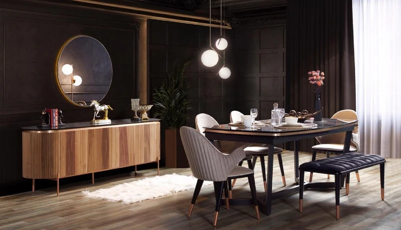Casa Padrino Luxus Esszimmer Set Grau / Schwarz / Kupfer - 1 Luxus Esszimmertisch & 6 Luxus Esszimmerstühle mit Armlehnen - Esszimmer Möbel - Restaurant Möbel - Luxus Möbel - Luxus Einrichtung