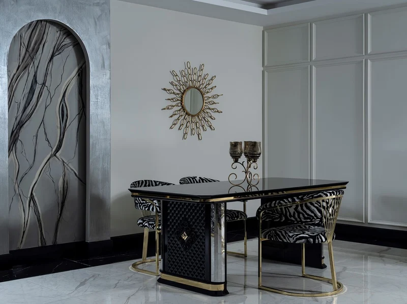 Casa Padrino Luxus Art Deco Esszimmer Set Schwarz / Gold - 1 Esstisch & 6 Esszimmerstühle - Art Deco Esszimmer Möbel - Luxus Qualität