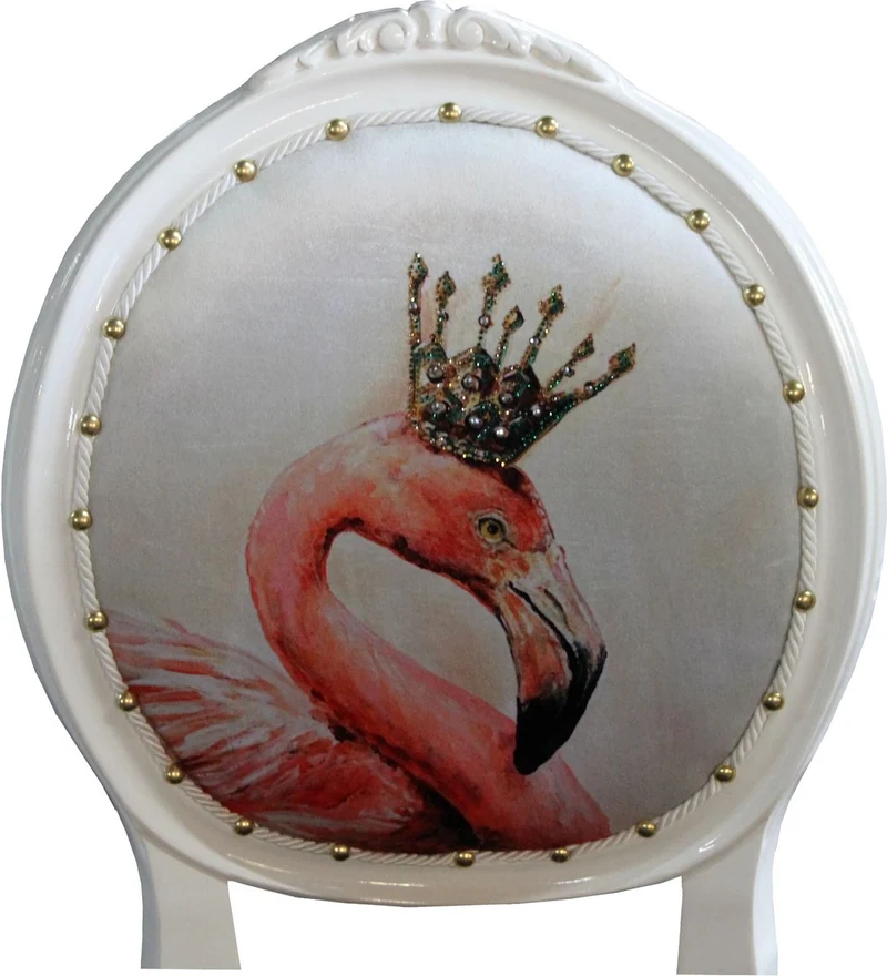 Casa Padrino Barock Luxus Esszimmer Stuhl ohne Armlehnen Flamingo Weiß mit Krone und mit Bling Bling Glitzersteinen - Designer Stuhl - Limited Edition