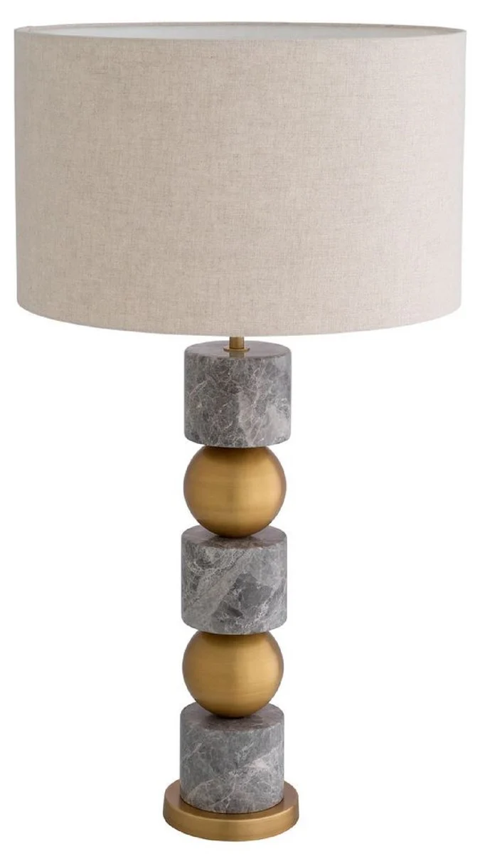 Casa Padrino Luxus Tischleuchte Antik Messing / Grau / Creme Ø 50 x H. 92,5 cm - Schreibtischleuchte mit rundem Lampenschirm - Luxus Tischleuchten - Luxus Schreibtischleuchten - Luxus Leuchten