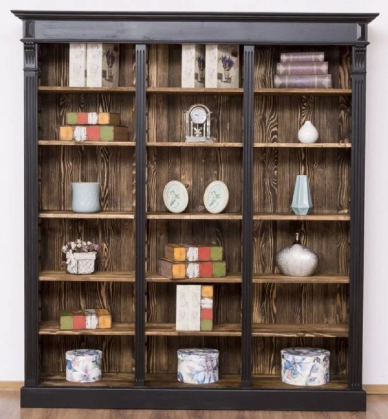 Casa Padrino Landhausstil Regalschrank Schwarz / Dunkelbraun 180 x 39 x H. 197 cm - Massivholz Schrank - Bücherschrank - Wohnzimmerschrank - Büroschrank - Landhausstil Möbel