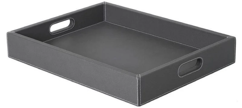 Casa Padrino Luxus Tablett Graphitfarben 46 x 35 x H. 7 cm - Rechteckiges Serviertablett mit hochwertigem Leder - Gastronomie Accessoires