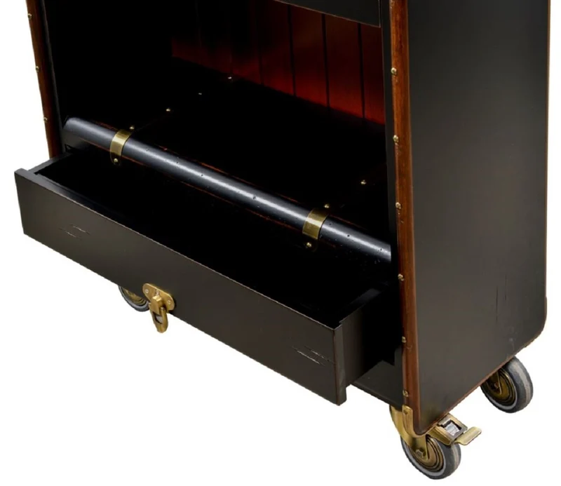 Casa Padrino Luxus Regalschrank in Koffer Optik Schwarz / Rot / Braun / Messing 84 x 35 x H. 200 cm - Massivholz Kofferschrank mit Rollen - Büro Schrank - Büro Möbel - Luxus Möbel
