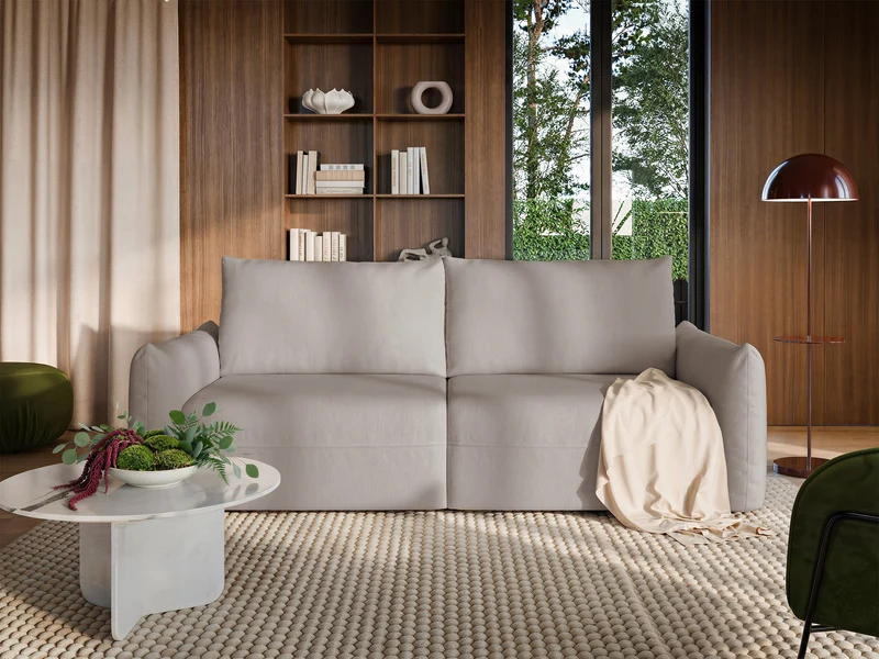 Dreisitziges ausklappbares Sofa Theolla mit Stauraum, hellbeiger Chenillestoff