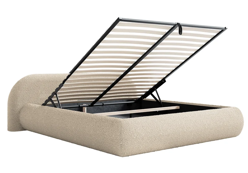 Polsterbett 160x200 cm Shels Low mit Stauraum, Metallrahmen, hellbeige Bouclé