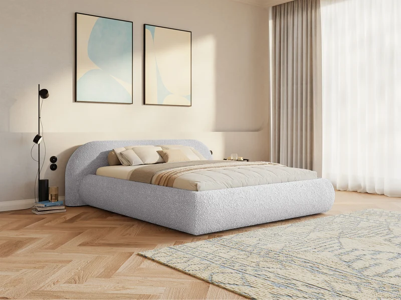 Polsterbett 180x200 cm Shels Low mit Stauraum, Metallrahmen, hellgrauer Bouclé-Stoff