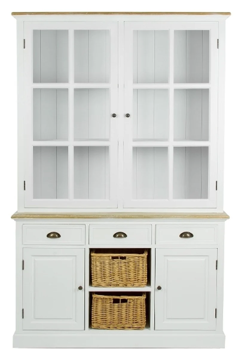 Casa Padrino Landhausstil Schrank Vitrine mit 2 Glastüren, 2 Rattankörben, antik weiß / naturfarben, 123 x 32 x H. 200 cm