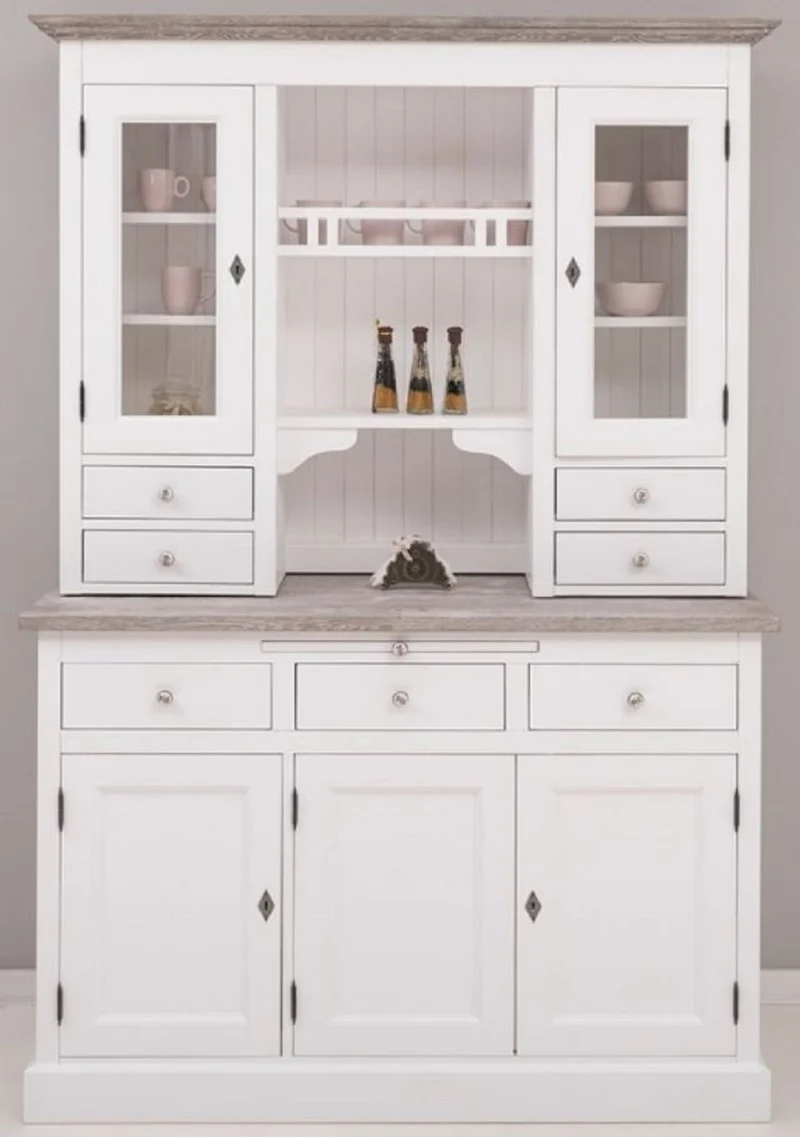 Casa Padrino Landhausstil Küchenschrank Weiß / Grau 138 x 50 x H. 197 cm - 2 Teiliger Küchenschrank mit 5 Türen und 7 Schubladen - Landhausstil Küchenmöbel