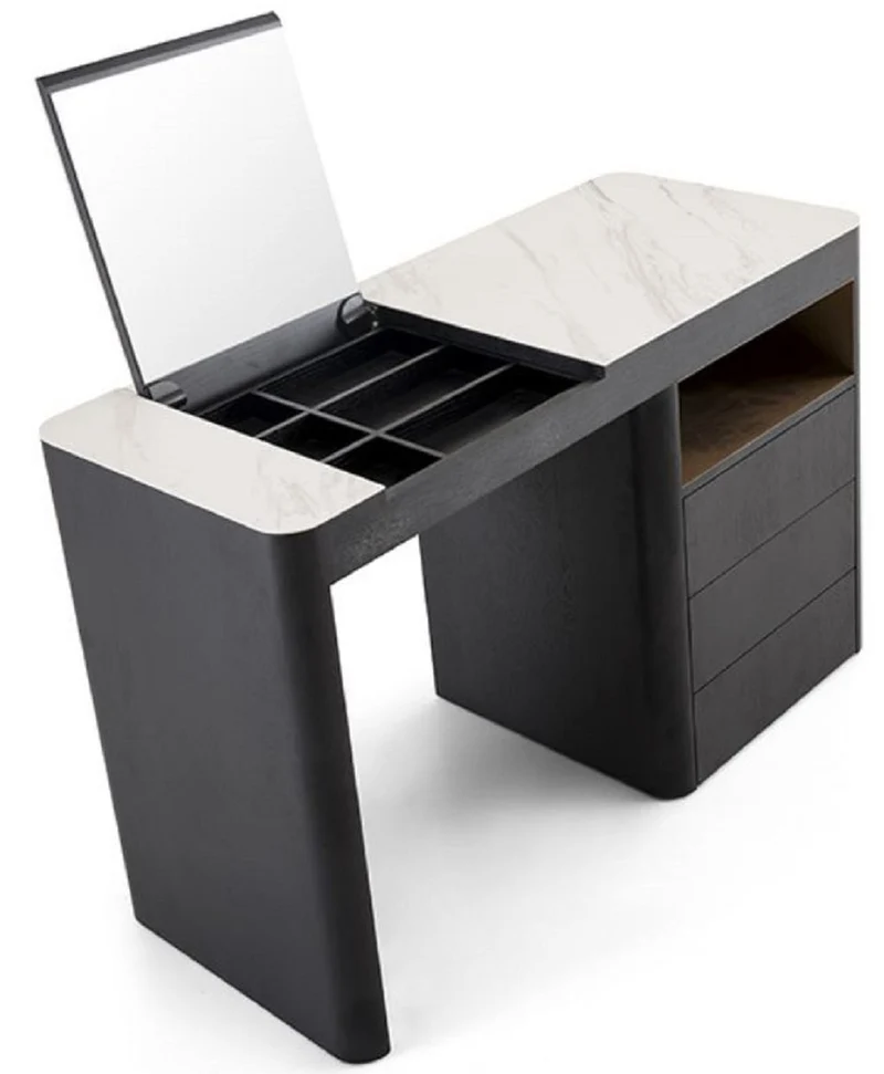 Casa Padrino Luxus Schminktisch mit 3 Schubladen und ausklappbarem Spiegel Schwarz / Weiß 120 x 50 x H. 76 cm - Luxus Badezimmer Möbel - Hotel Möbel