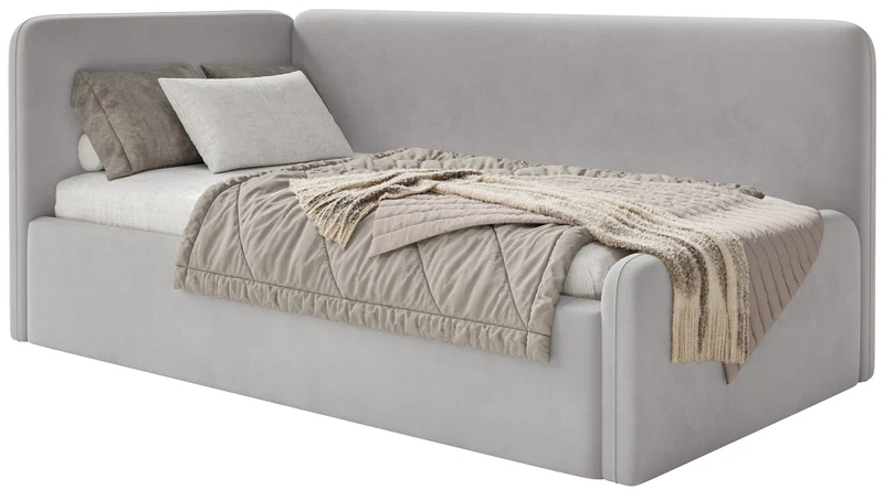 Jugendbett 120x200 cm Fanklo linksseitig mit Matratze, Stauraum und hellgrauen, wasserabweisenden, pflegeleichten Samt-Gittern