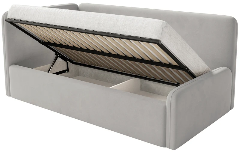 Jugendbett 120x200 cm Fanklo linksseitig mit Matratze, Stauraum und hellgrauen, wasserabweisenden, pflegeleichten Samt-Gittern